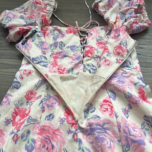 Zara | Light Pink and White Floral Mini Dress With Puff Sleeves Size Small - Picture 12 of 13